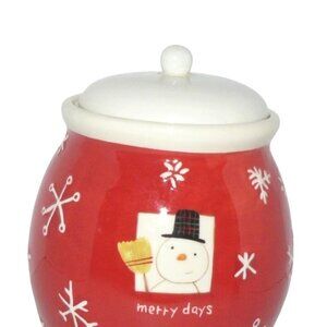 Hallmark Red Snowman Snow Flake Ceramic Cookie Jar w Lid Holiday Storage